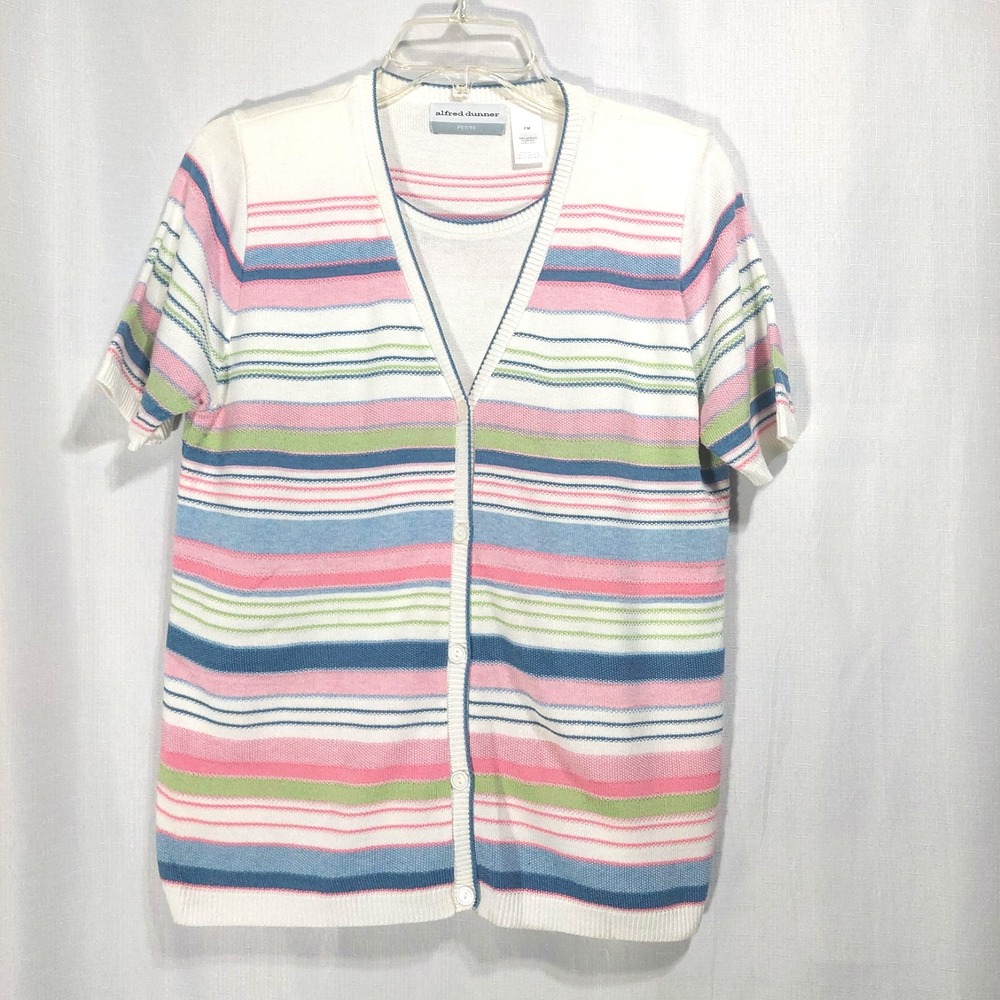 Alfred Dunner Womens Size PM Striped Button Up Layered Look Cardigan Sweater